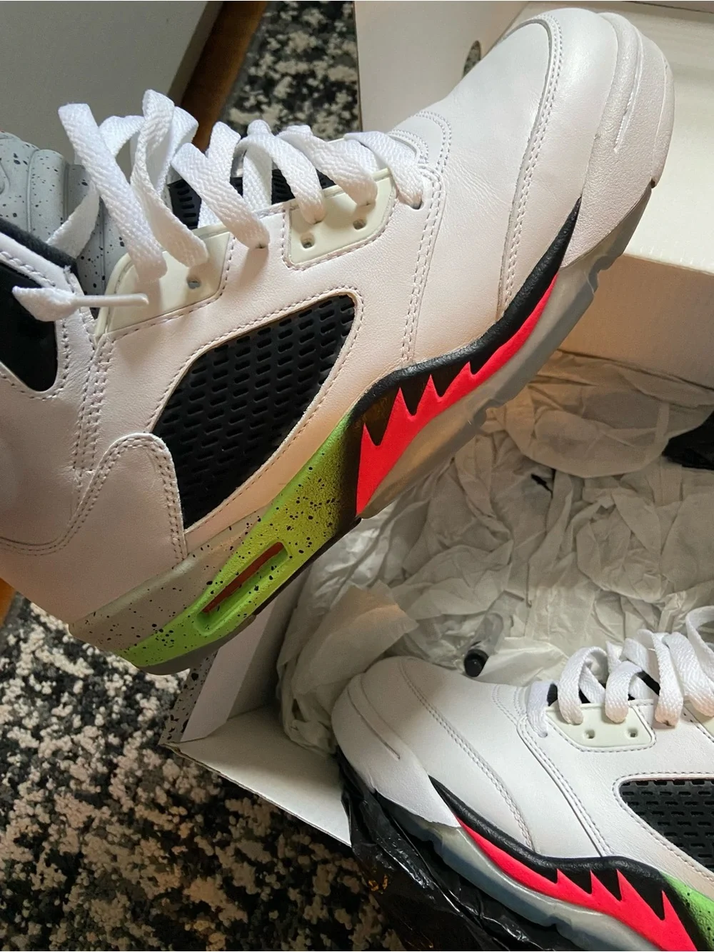Jordan Men’s White Sneakers with Black, Neon Green and Red Accents